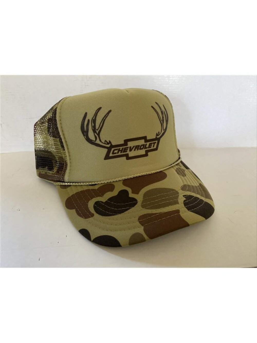 Chevrolet Antlers Duck Camo Deer Hunting Printed Tan Foam Rope Hat Cap Retro 80s - Picture 3 of 3